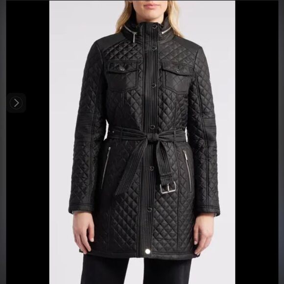 Michael Kors Ladies Quilted Trench Coat Black Large Gold Belted Hooded Jacket - Picture 16 of 16